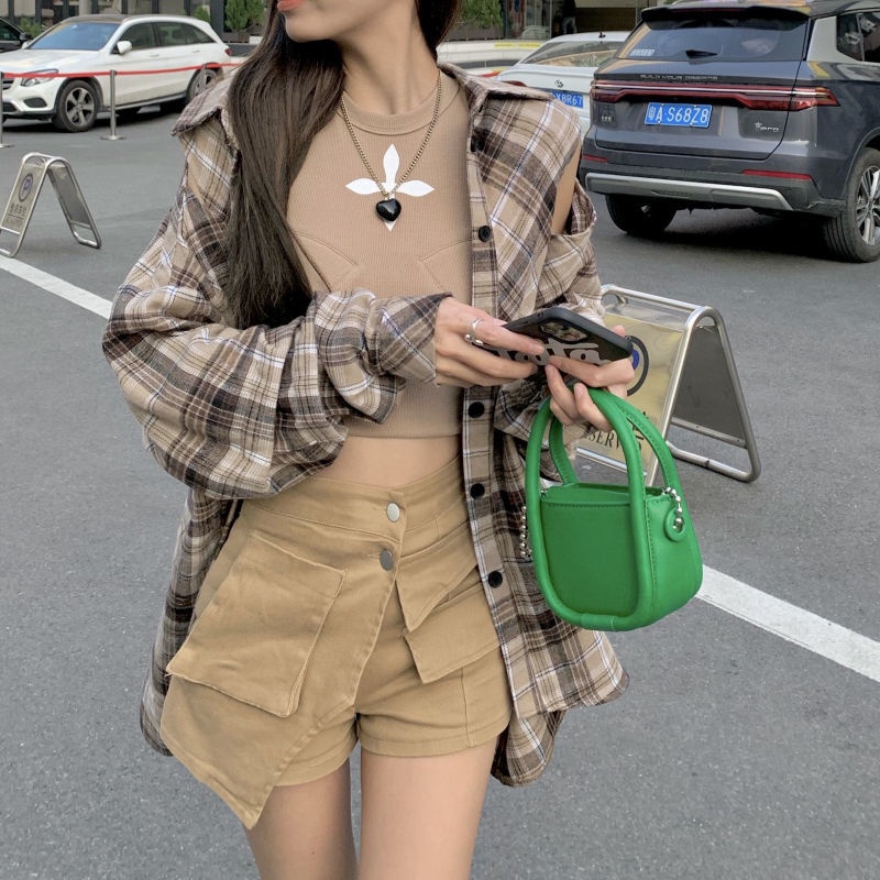 Áo Sơ Mi Nữ Dáng Rộng Hở Vai Họa Tiết Caro Phong Cách Hàn Quốc Dễ Phối Đồ