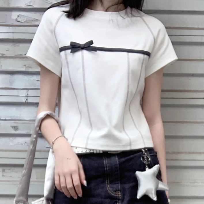 Áo Thun Ba Chiều Tay Ngắn Dáng Rộng Thắt Nơ Dễ Thương Thời Trang Mùa Hè Cho Nữ
