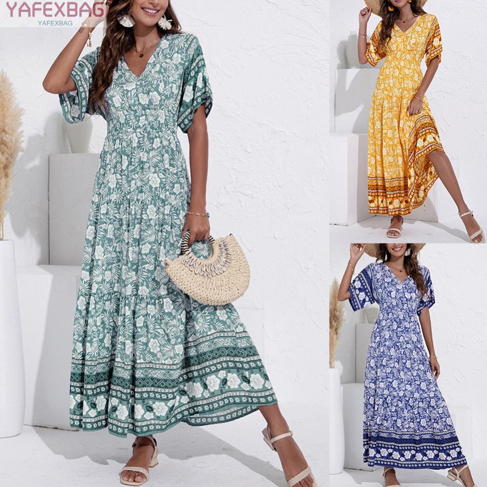 Womens Dress Holiday Ladies Long Dress Party Print Short Sleeve Summer