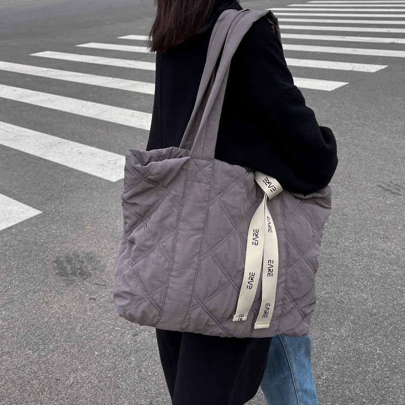 HT XIANSHENG Túi tote Đeo Vai cotton Sức Chứa Lớn Màu Trơn Họa Tiết Hình Thoi Đơn Giản Thời Trang Phong Cách Nhật Bản Cho Nữ