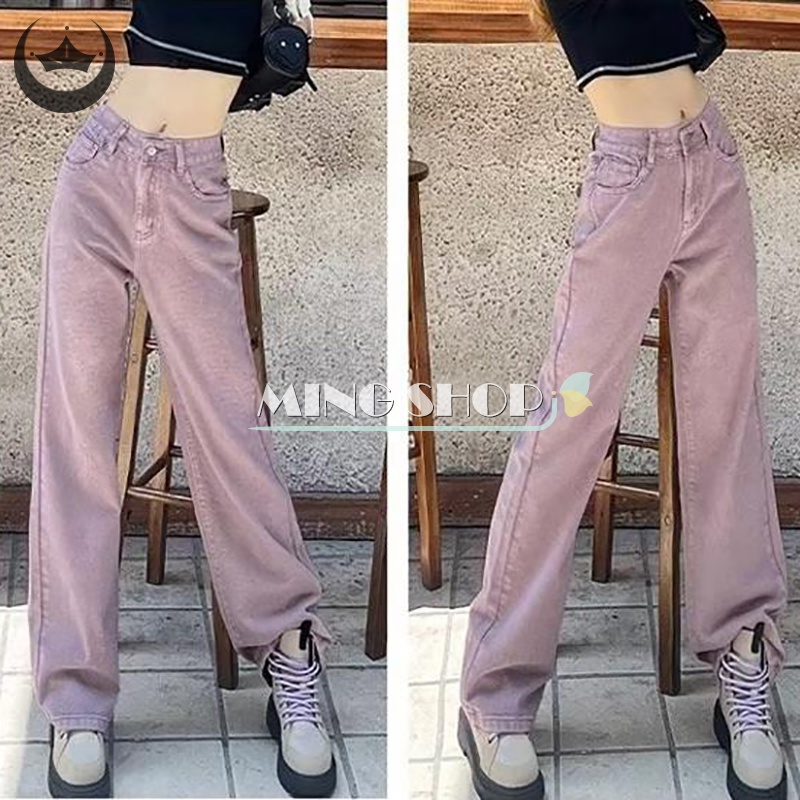 Quần Jean Nữ Ống Rộng Lưng Cao Màu Tím Thời Trang