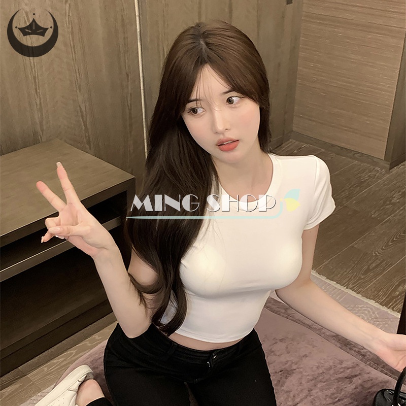 Áo Thun Lửng Ngắn Tay Cổ Tròn Màu Sắc Đơn Giản Dành Cho Nữ