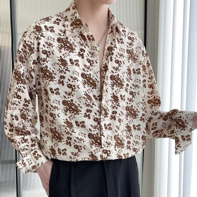 Áo Sơ Mi Nam Dài Tay Dáng Rộng In Họa Tiết Hoa Phong Cách Hàn Quốc Thời Trang Xuân Hè