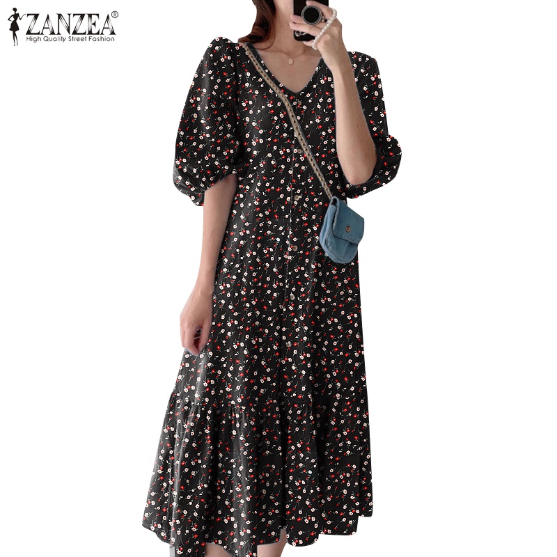 ZANZEA Đầm Tay Lửng Cổ Chữ V In Họa Tiết Hoa Thời Trang Hàn Quốc Cho Nữ