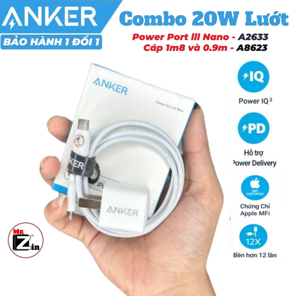Combo Sạc 20W Anker lướt Power Port lll Nano kèm cáp 1m8 hoặc 0.9m A8632/. A8633 - Bảo Hành 1 Năm 1 Đổi 1