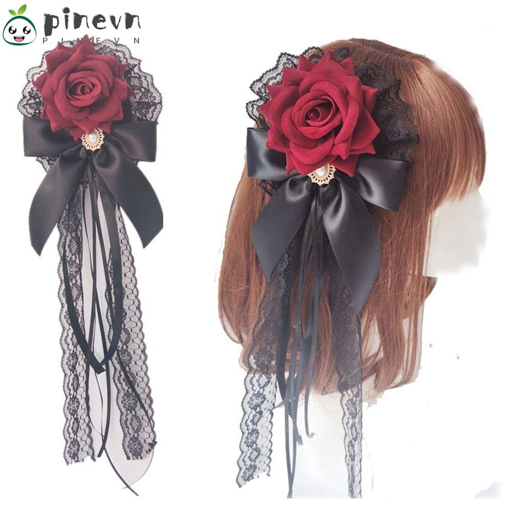 PINEVN Trâm Cài Tóc Hình Nơ Phối Ren Hoa Hồng Handmade Phong Cách Cổ Điển Dành Cho Nữ Hóa Trang