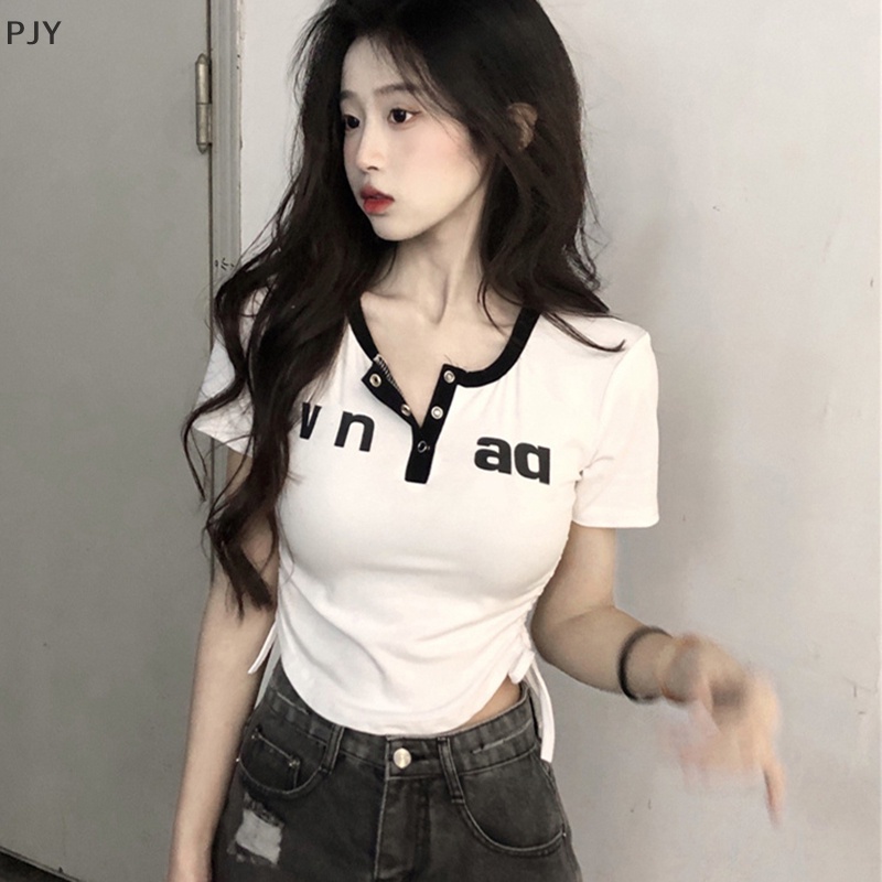 Áo Thun Ngắn Tay Cổ Tròn In Chữ Rút Dây Phong Cách Retro Mỹ Cho Nữ PJ