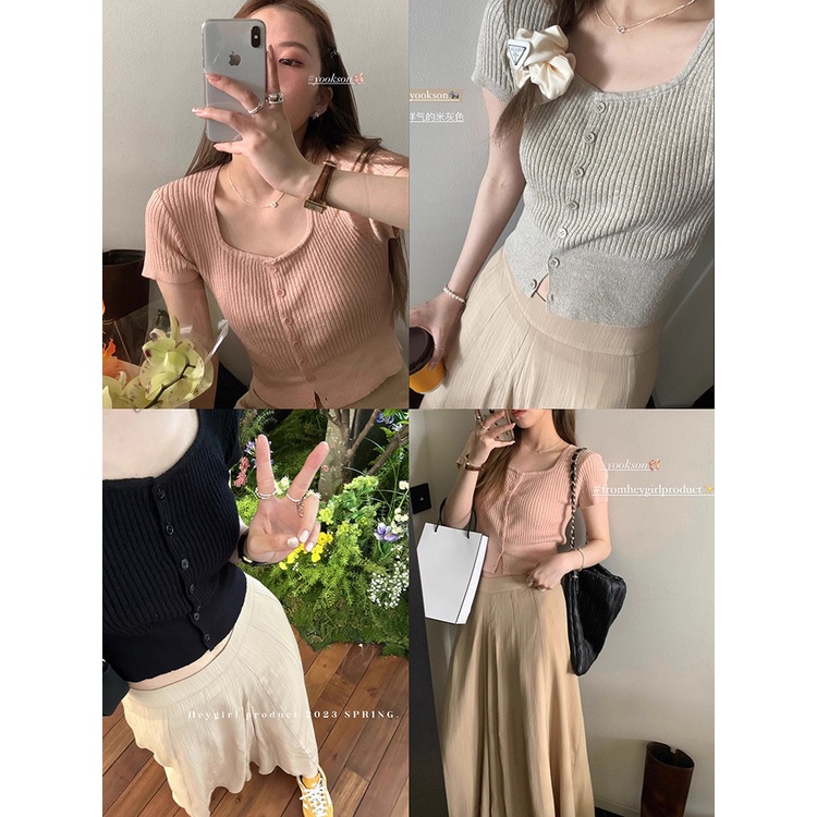 SUXI Áo Thun Dệt Kim Tay Ngắn Cổ Vuông Màu Sắc Đơn Giản Thời Trang Dành Cho Nữ