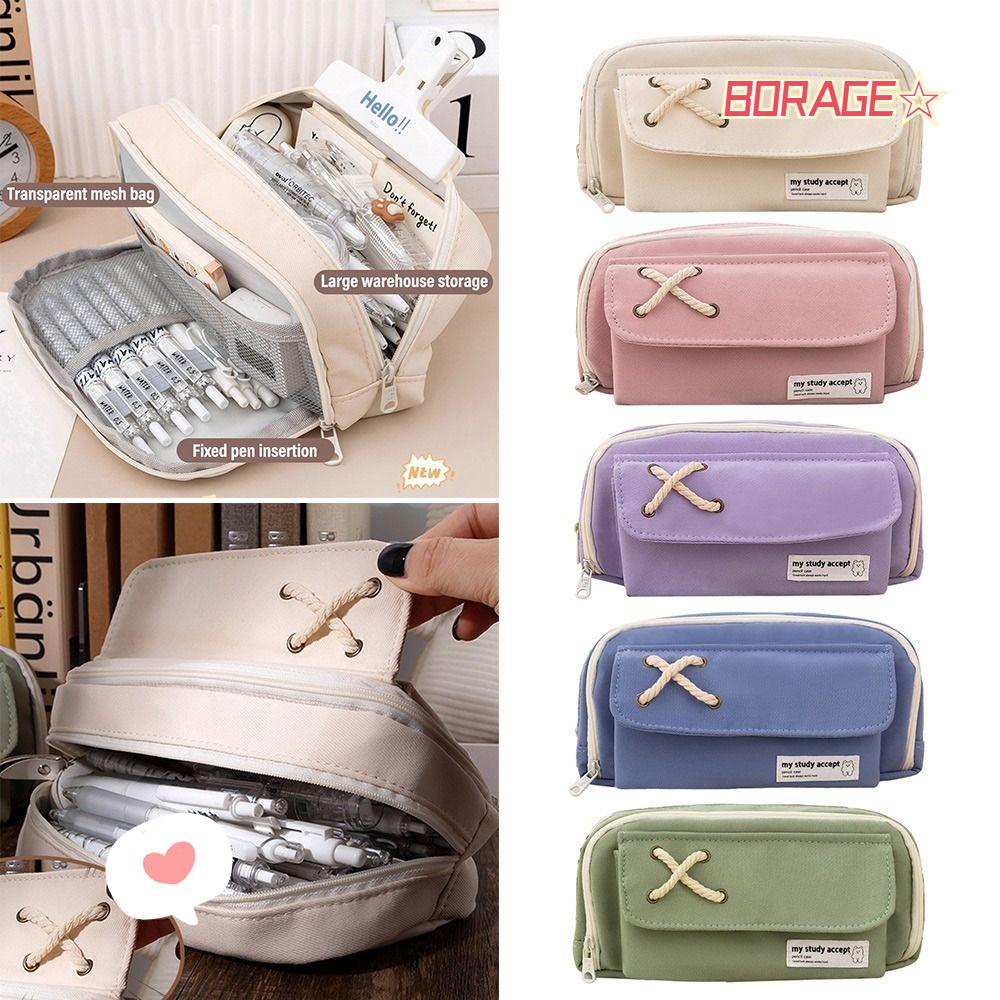 BORAG Túi Đựng Bút Ba Ngăn Cỡ Lớn Phối Khóa Kéo Tiện Lợi Ốp