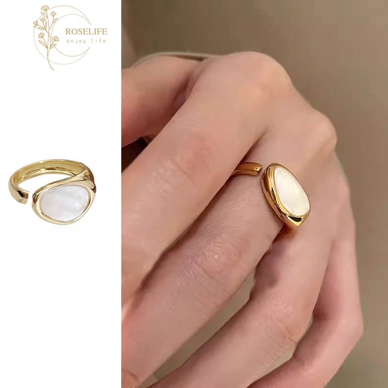 Nhẫn Hở Hình Vỏ Sò / Oval Màu Vàng / Trắng Phong Cách Hàn Quốc Cổ Điển Có Thể Điều Chỉnh Kích Thước Dành