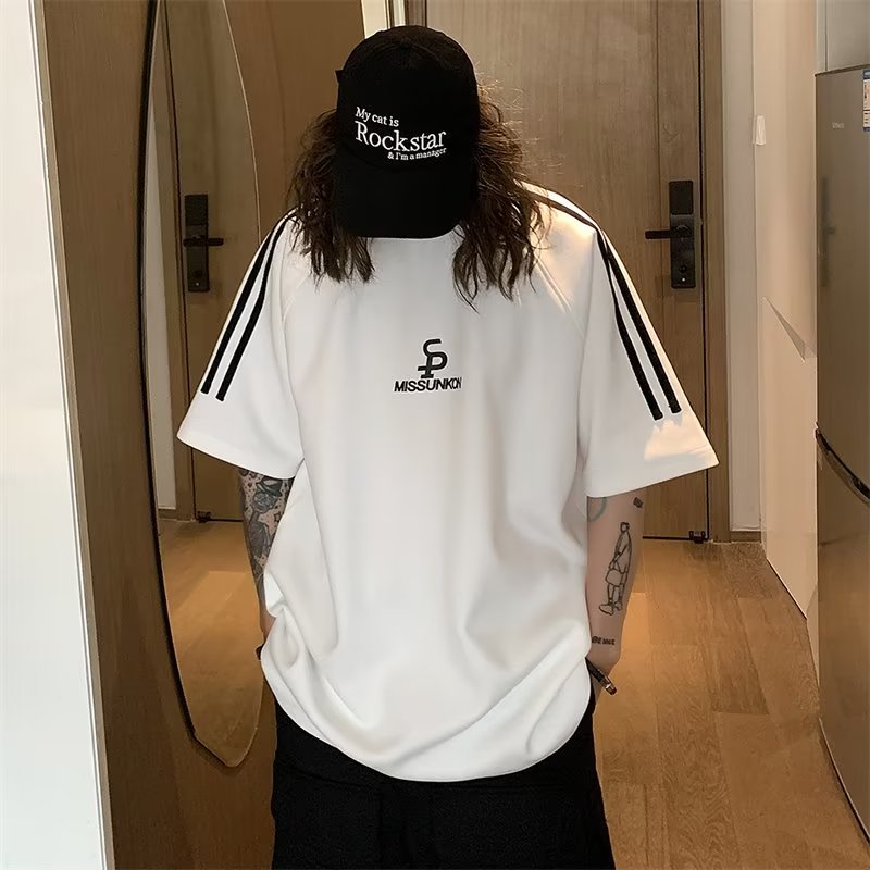 Áo Thun Thể Thao Tay Ngắn Dáng Rộng Ba Sọc Màu Đen Phong Cách Đường Phố Mỹ Cổ Điển Thời Trang Mùa Hè