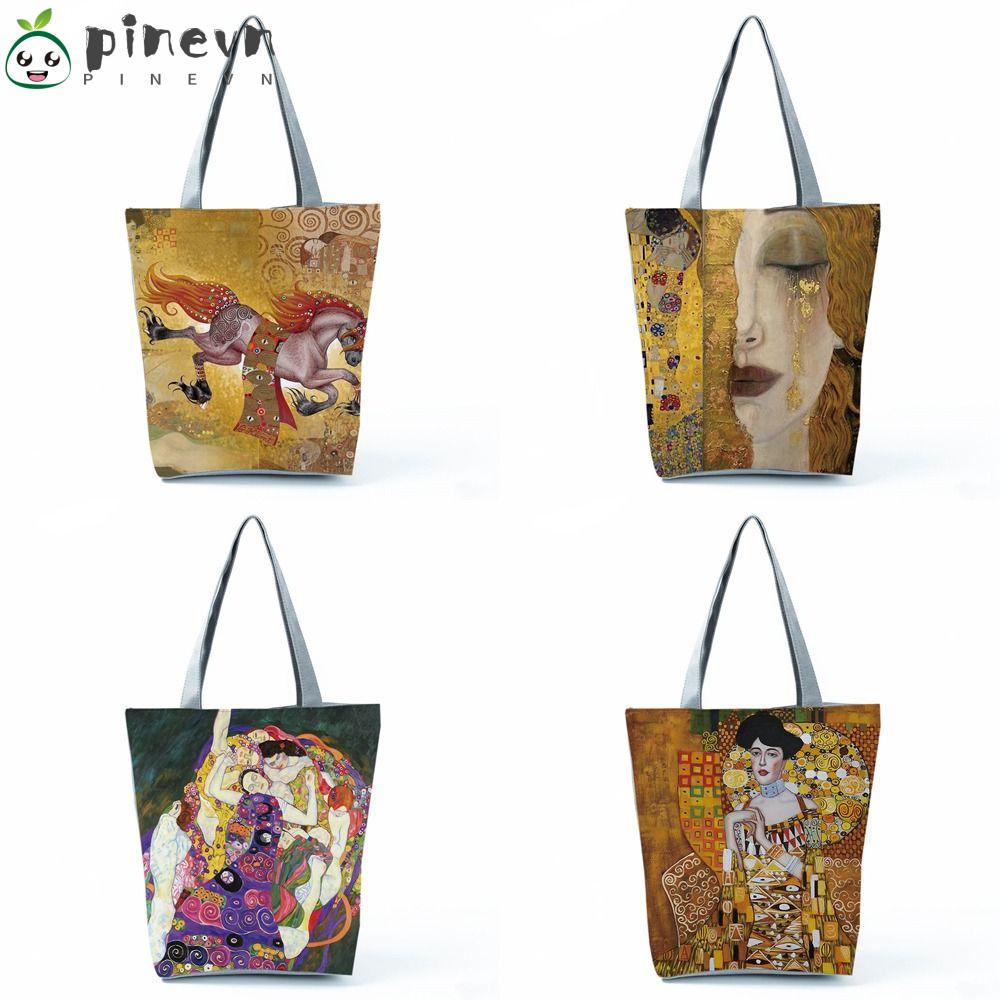 PINEVN Túi Xách Tote Vải Lanh Cỡ Lớn Họa Tiết Tranh Sơn Dầu Thời Trang