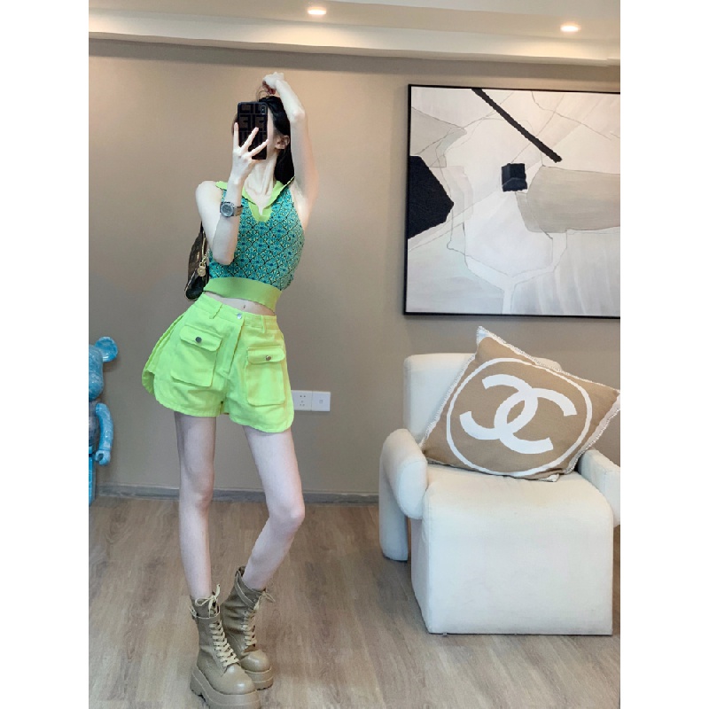 New lapel camisole for girls design sense niche interior fluorescent color tooling shorts suit all-match neck top T-shirt shorts two-piece suit