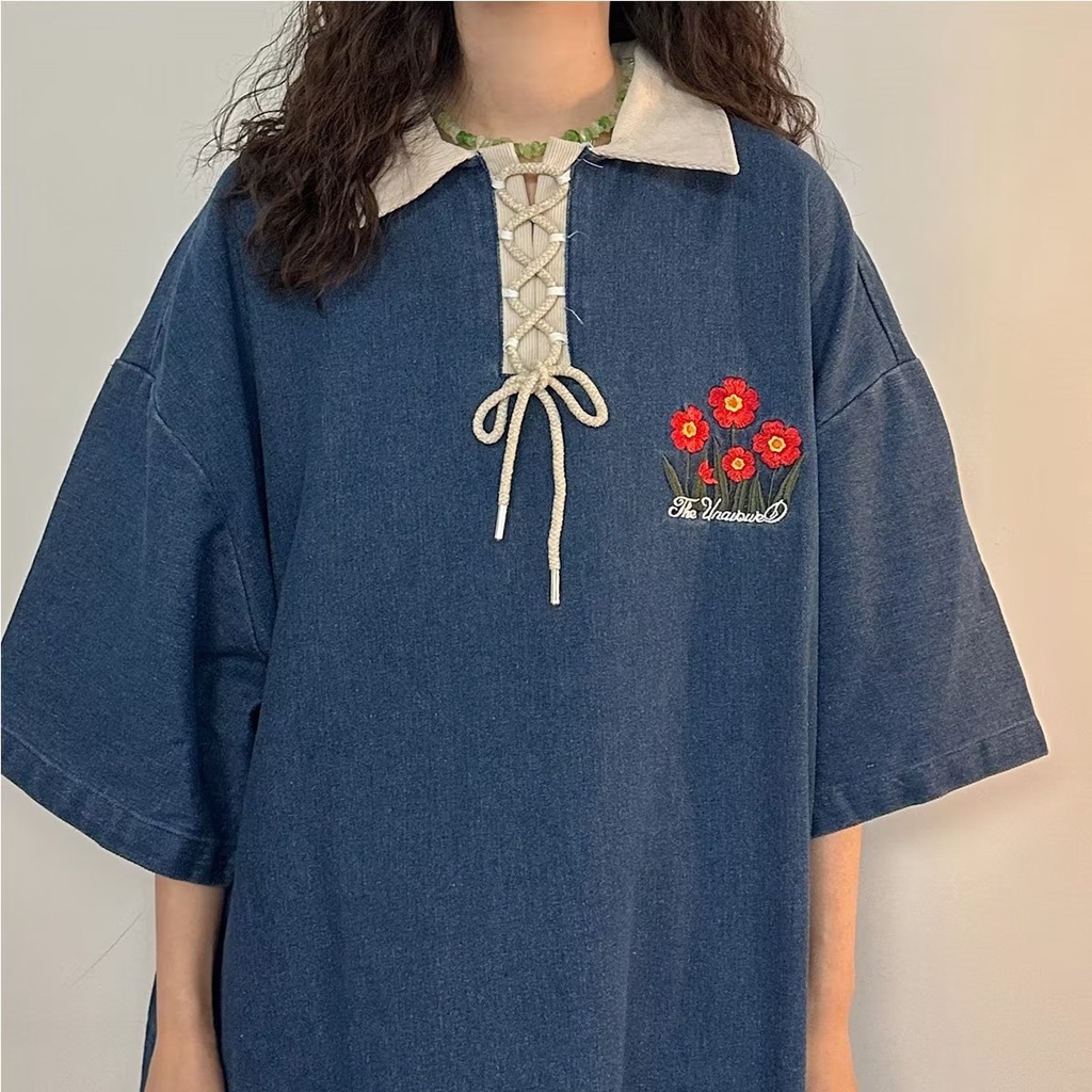 Áo Sơ Mi Denim Ngắn Tay Thêu Hoa Thời Trang Cho Nữ