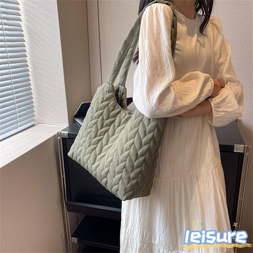 LEISURE Túi Xách Cotton Có Đệm Cotton Sức Chứa Lớn Màu Trơn Thêu Họa Tiết Thời Trang Mùa Đông