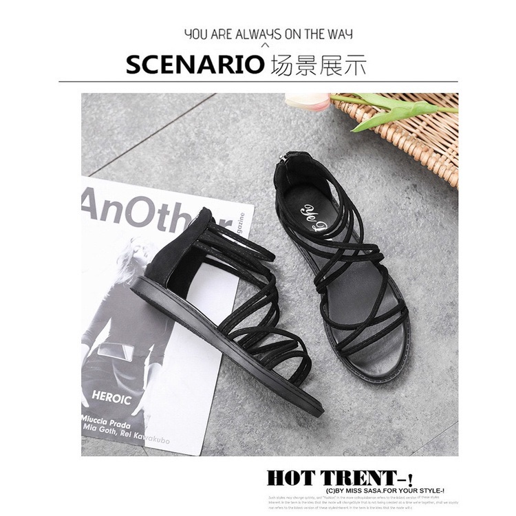 Giày sandal nữ đi học phong cách chiến binh dây kéo sau thêm viền chỉ cho đế chắc chắn