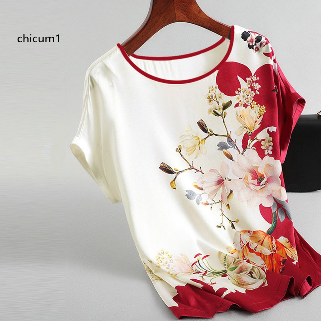 Áo Thun Lụa Lạnh Cổ Tròn In Họa Tiết Hoa Thời Trang Mùa Hè Cho Nữ