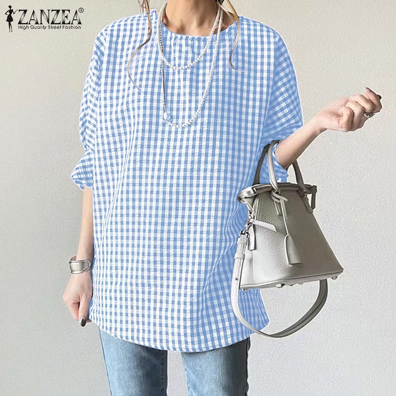 ZANZEA Áo Cánh Dơi 3 / 4 Hở Lưng Họa Tiết Sọc Caro Thời Trang Cho Nữ