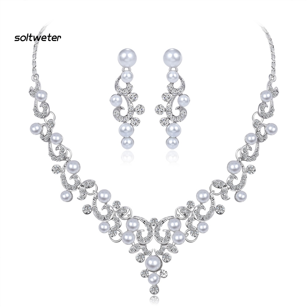 Bộ Vòng cổ + Bông Tai Đính Đá &amp; Ngọc Trai Giả Bằng Hợp Kim Thời Trang