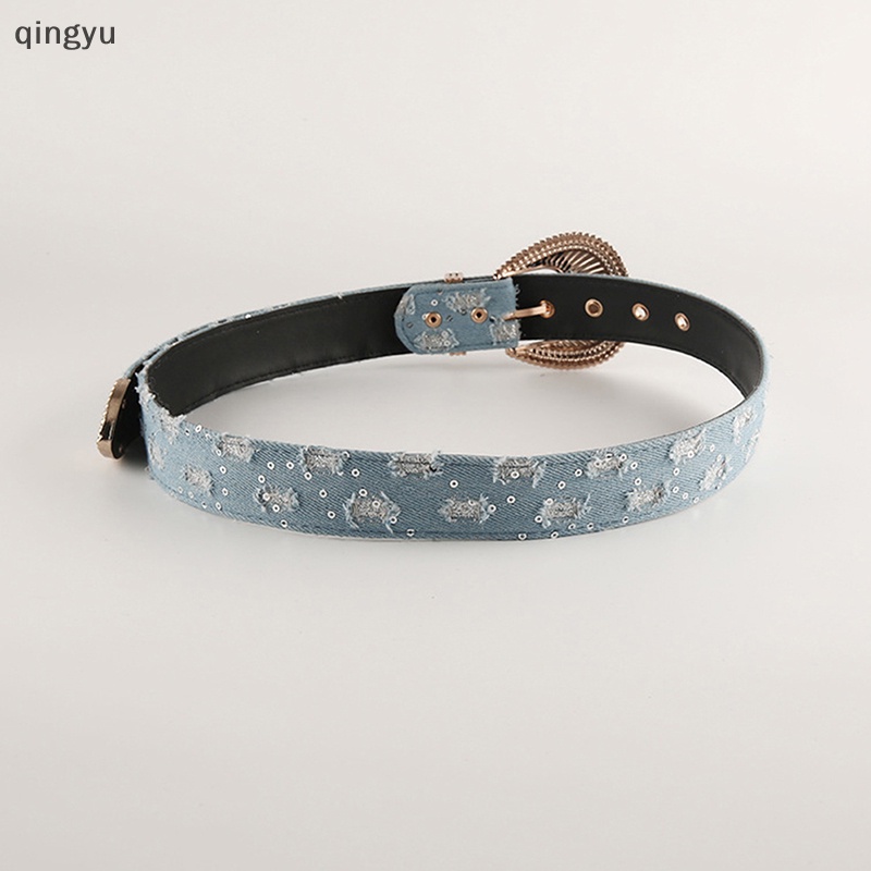 Thắt Lưng Denim Khóa Hợp Kim Khắc Họa Tiết Phong Cách Punk Mới Cho Nữ