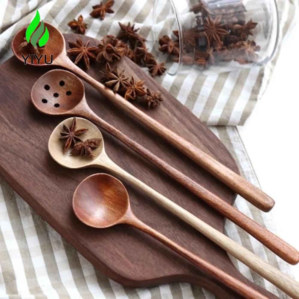 YIYU Muỗng Gỗ Cán Dài Màu Trơn Tiện Dụng Cho Nhà Bếp