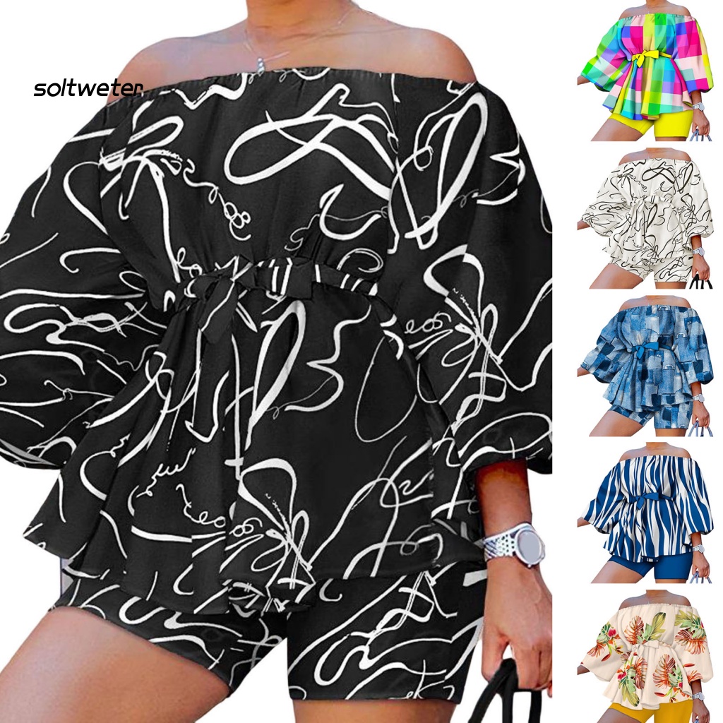 Set Đồ 2 Món Gồm Áo Trễ Vai Tay 3 / 4 Có Diềm Xếp Nếp Và Quần Ngắn Viền Bèo In Họa Tiết Cho Nữ