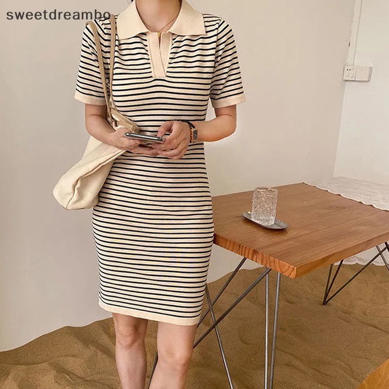 Swe Ngắn Tay Áo Đan Sọc Ăn Mặc Giản Dị Phụ Nữ 2023 Mùa Hè Thẳng V Cổ Mini Dresses drn
