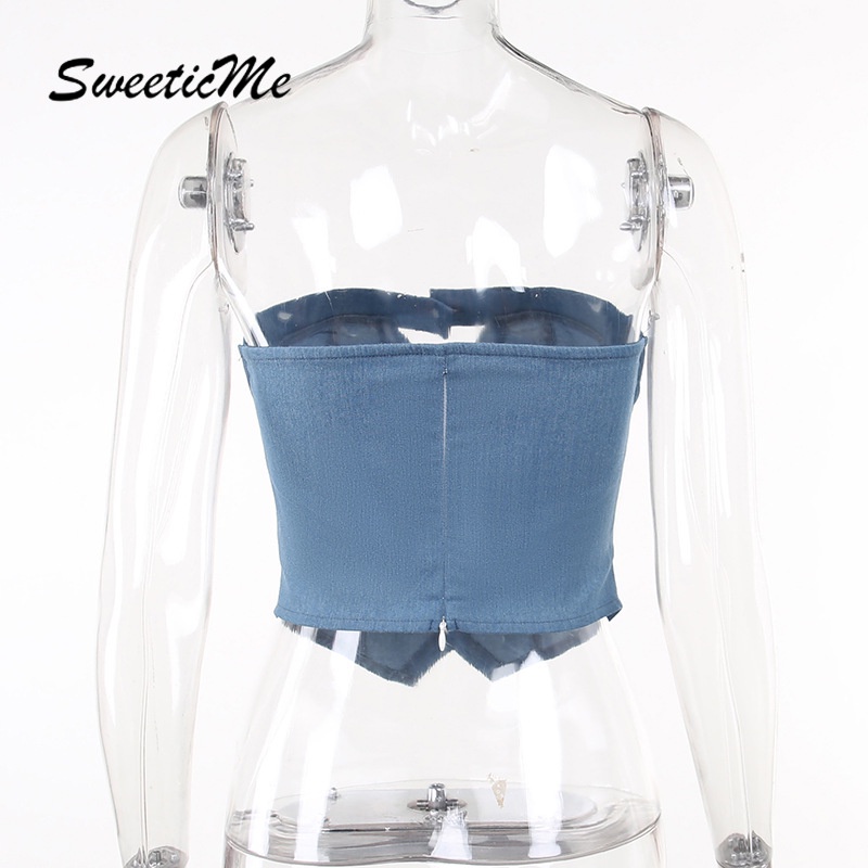 Áo Ống Màu Trơn Dáng Ôm Chất Liệu Denim Thời Trang 2023 Quyến Rũ Cho Nữ