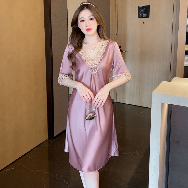 Đầm Ngủ Tay Ngắn Phối Ren Bằng Lụa Lạnh Thời Trang Mùa Hè 2023