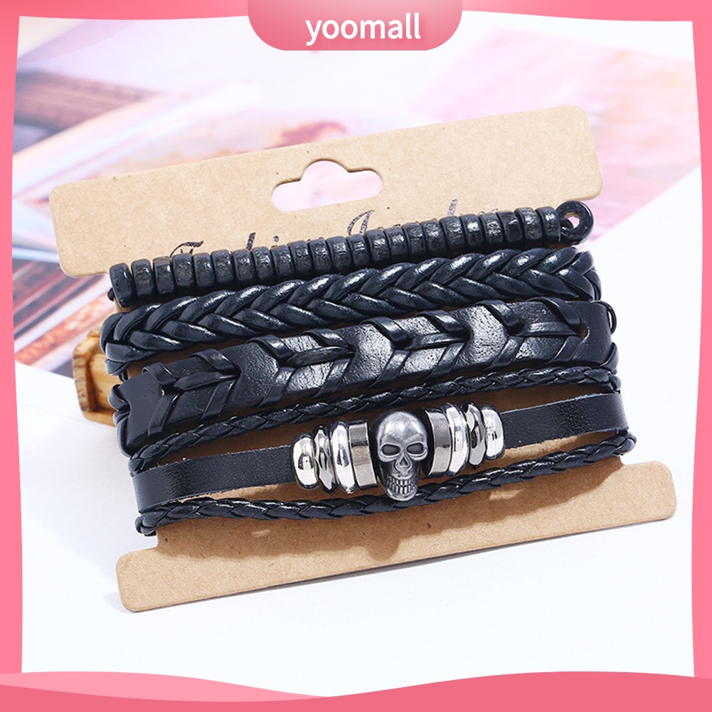 Set 4 Vòng Tay Bện Dây Mặt Đầu Lâu Phong Cách Vintage Cho Nam