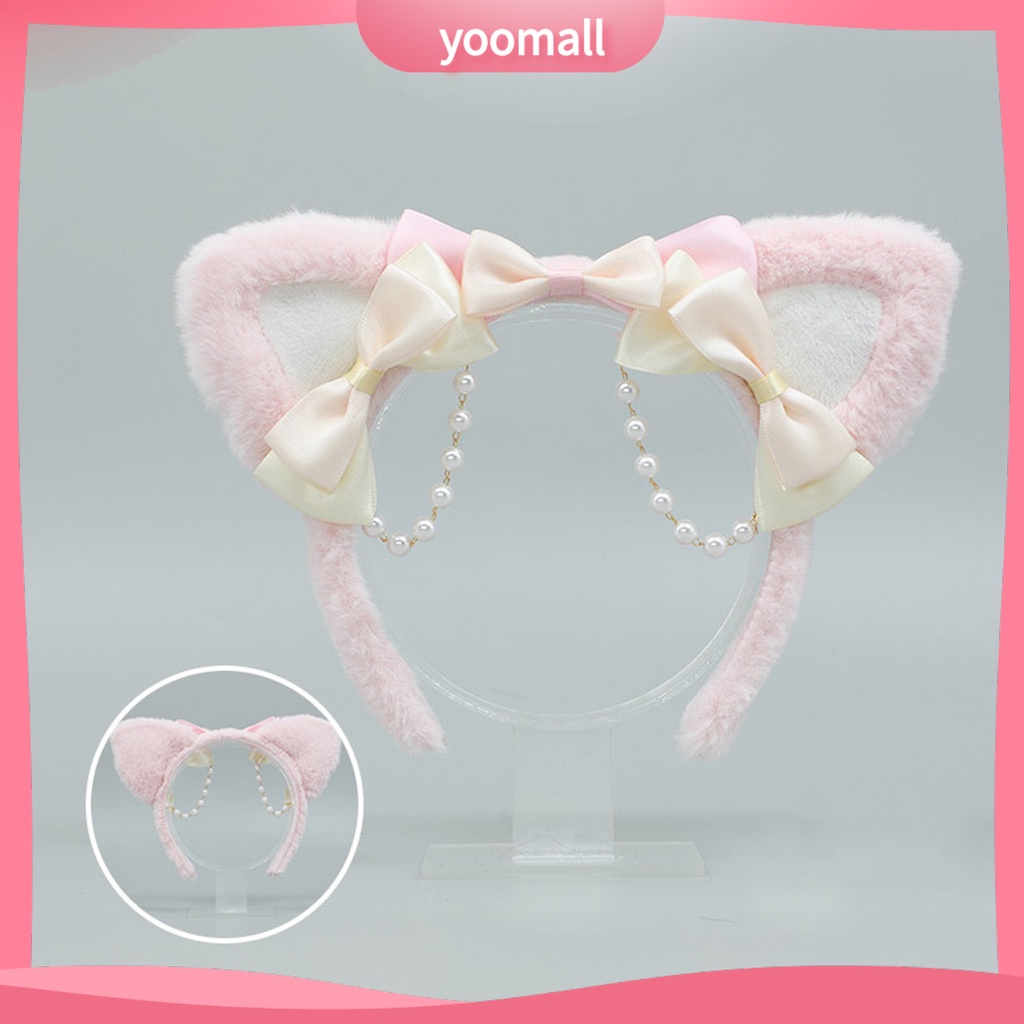 Băng Đô Tai Mèo Lông Nhung Đính Ngọc Trai Nhân Tạo Phong Cách Lolita Đáng Yêu Dành Cho Nữ