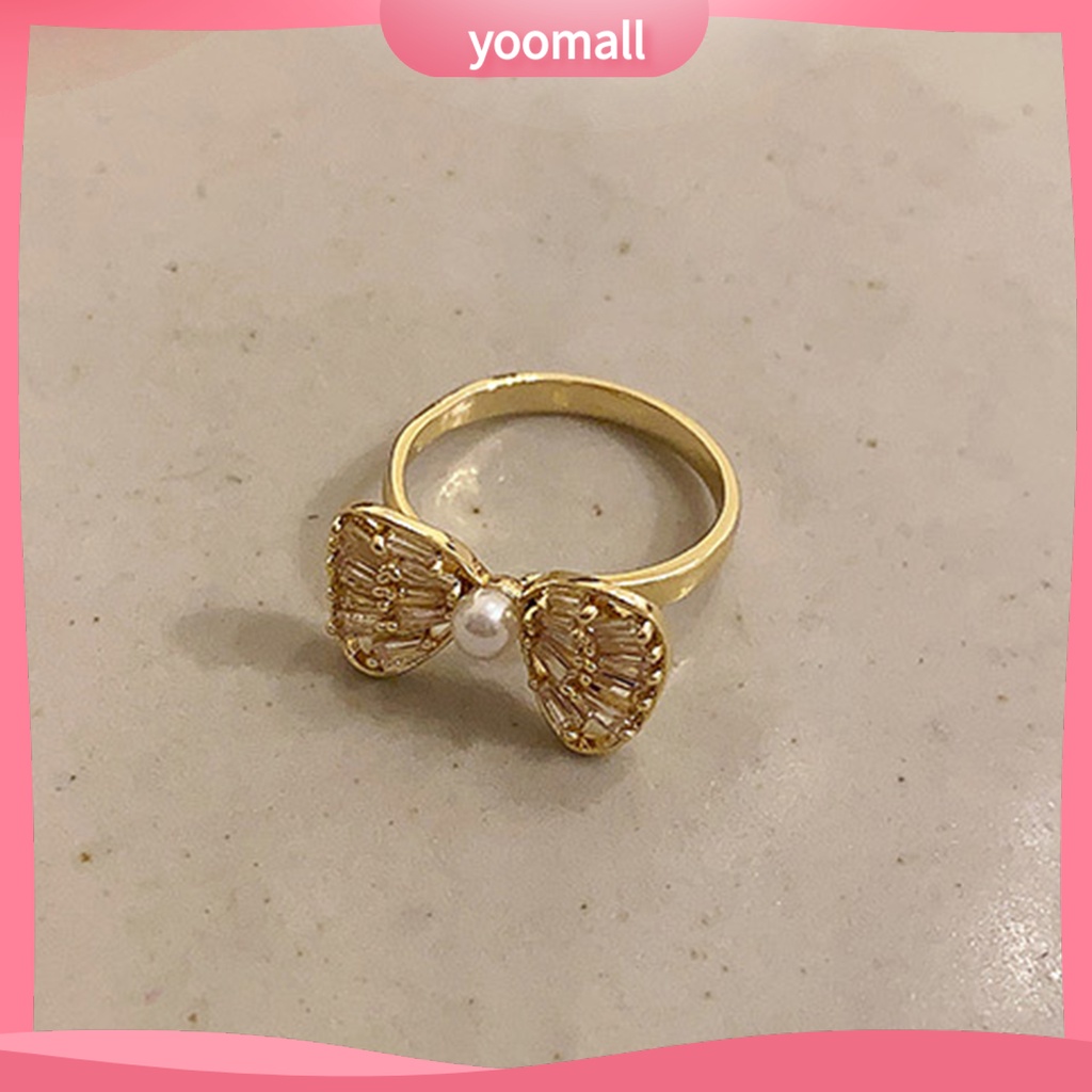 [YM] Nhẫn Đeo Ngón Trỏ Hình Nơ Rỗng Đính Đá Zircon Trọng Lượng Nhẹ Có Thể Điều Chỉnh Trang Sức Cho Nữ