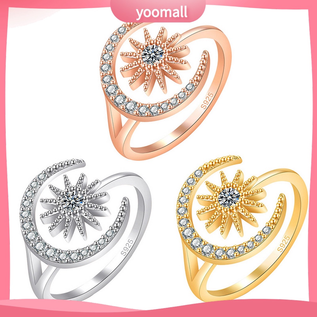 [YM] Nhẫn Mở Hình Học Đính Đá Mặt Trăng Ngôi Sao Thanh Lịch Làm Quà Tặng Trang Sức Cho Nữ