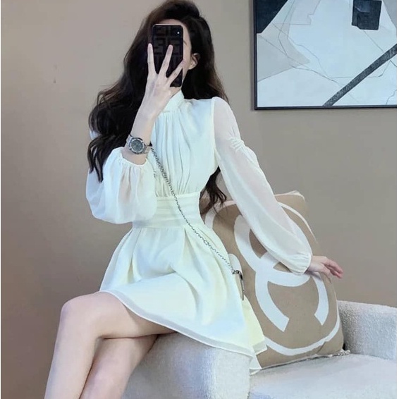 Váy trắng tơ 2 lớp tay dài dáng ngắn bo eo zeni  size S M L XL- Design by KAMI