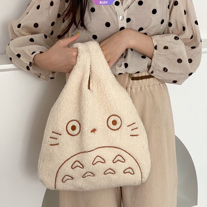 Túi Xách Vải Nhung Mềm Thêu Hình Totoro Dễ Thương Sức Chứa Lớn Cho Nữ