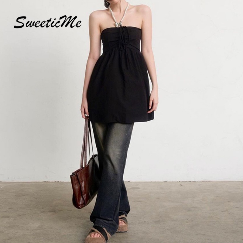 Đầm Ngắn Rút Dây Màu Trơn Thời Trang Mới 2023 Cho Nữ