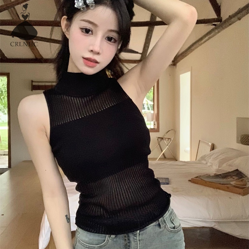 Áo Dệt Kim Sát Nách Cổ Lọ Màu Trơn Thời Trang Mùa Hè Cho Nữ