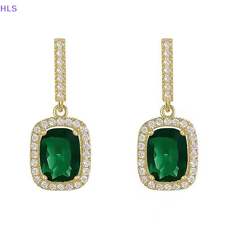 1 Đôi Bông Tai Đính Đá Xanh Lá Trong Suốt Phong Cách Vintage