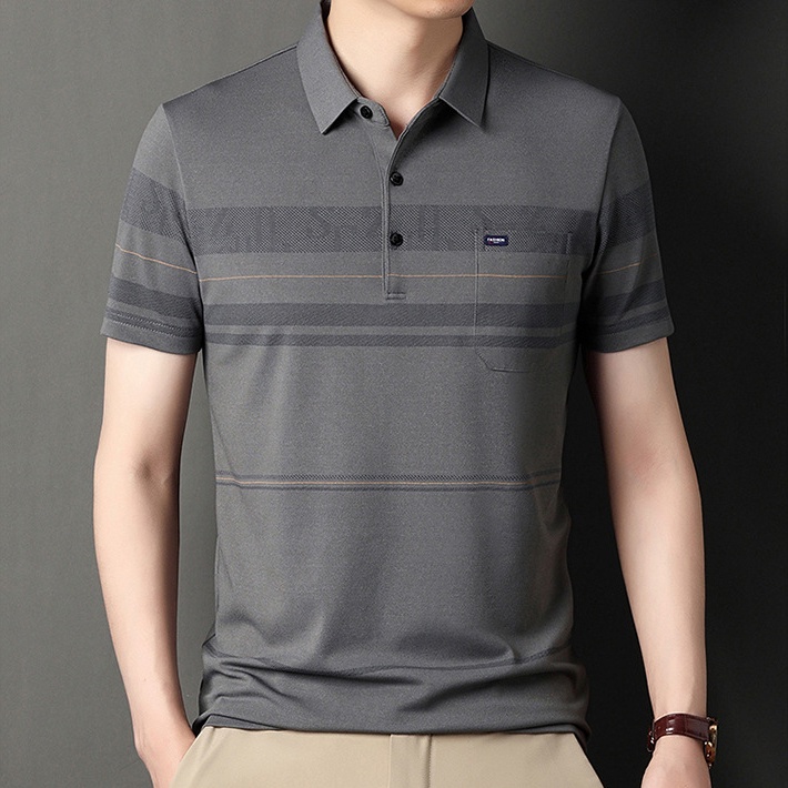 Áo Thun POLO Mỏng Tay Lửng Có Túi In Họa Tiết Sọc Ngang Thời Trang Dành Cho Nam Trung Niên