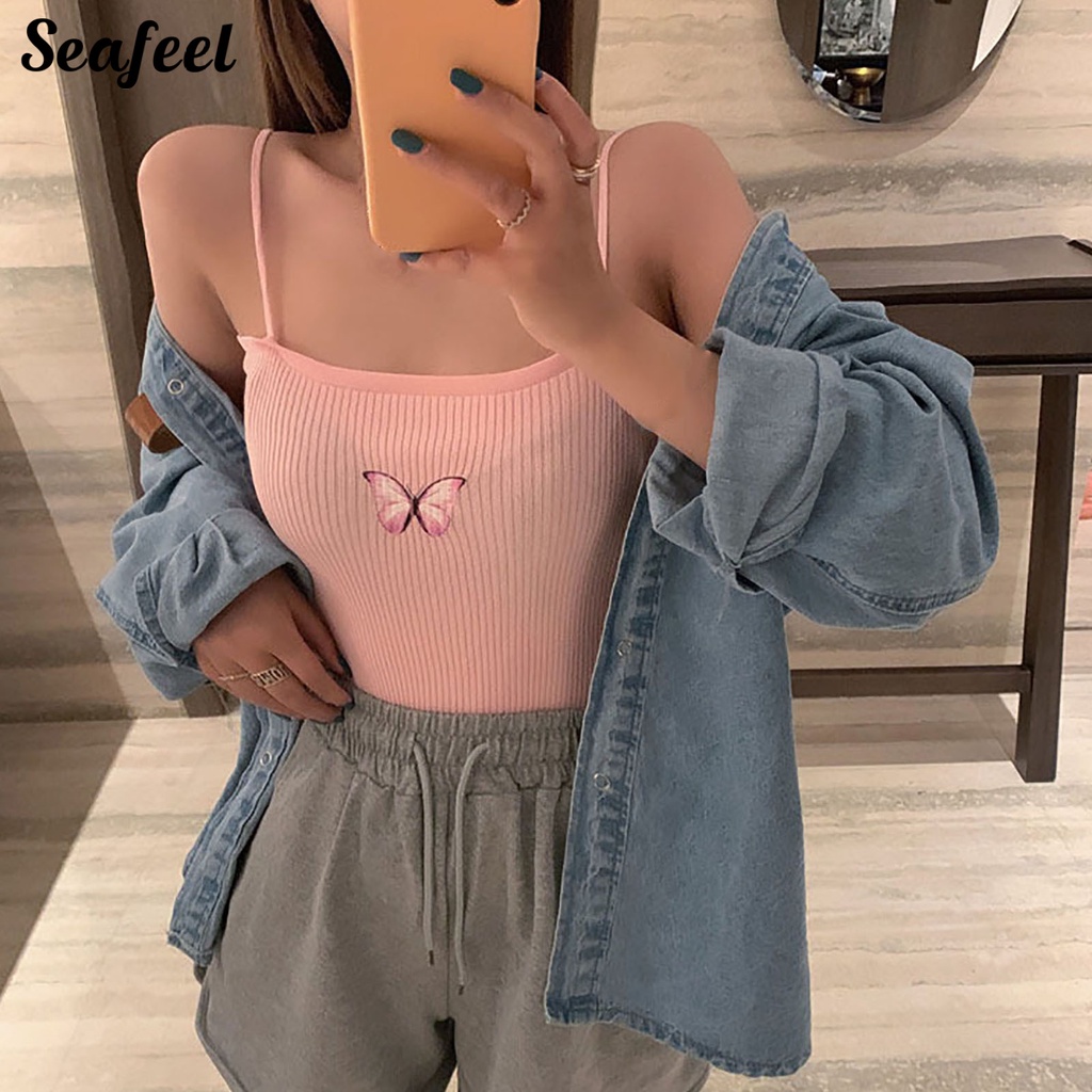 Áo Tank Top Hai Dây Hở Lưng Ôm Dáng Co Giãn In Họa Tiết Bướm Cho Nữ