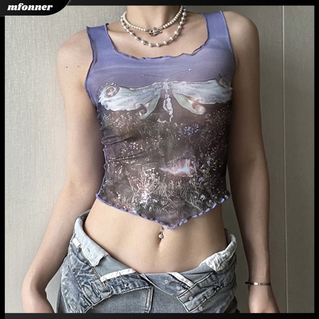 Áo Croptop Không Tay Phối Bèo Họa Tiết In Thời Trang Mùa Hè Cho Nữ