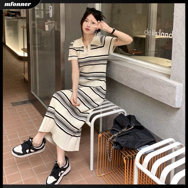 Đầm Dệt Kim Tay Ngắn Dáng Dài Họa Tiết Kẻ Sọc Thời Trang Mùa Hè Xinh Xắn Cho Nữ