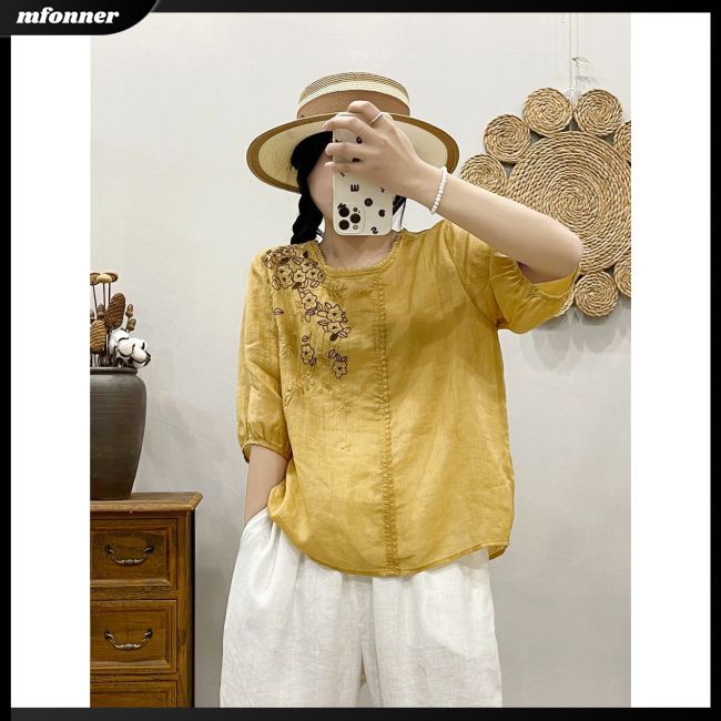 Áo Sơ Mi Cotton Lanh Mỏng Dáng Rộng Tay Ngắn Cổ Tròn Thêu Họa Tiết Kiểu Retro Thời Trang Mùa Hè Cho Nữ