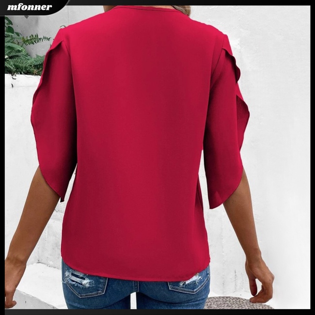 Áo Sơ Mi Nữ Tay Dài Ống Loe Cổ Chữ V Màu Sắc Thanh Lịch