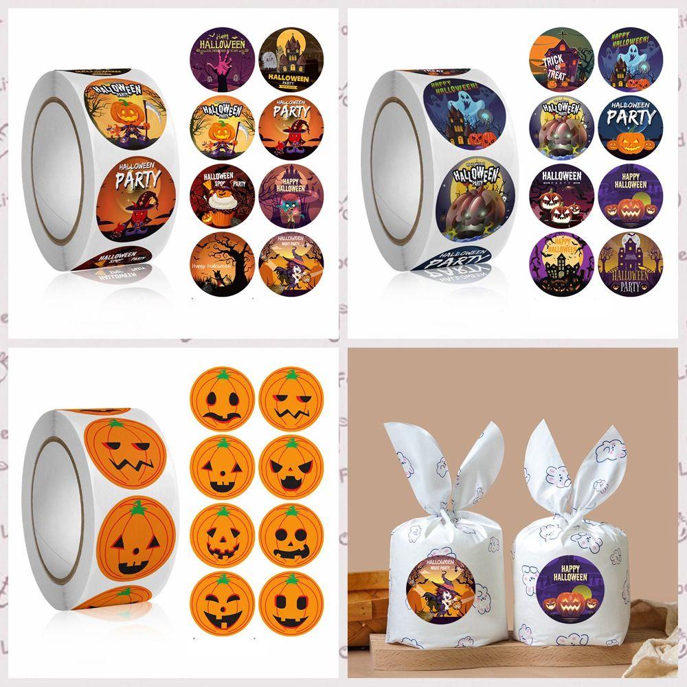Cuộn 500 Nhãn Dán Trang Trí halloween Tự Dính Không Cần Keo Dán Họa Tiết Bí Ngô halloween
