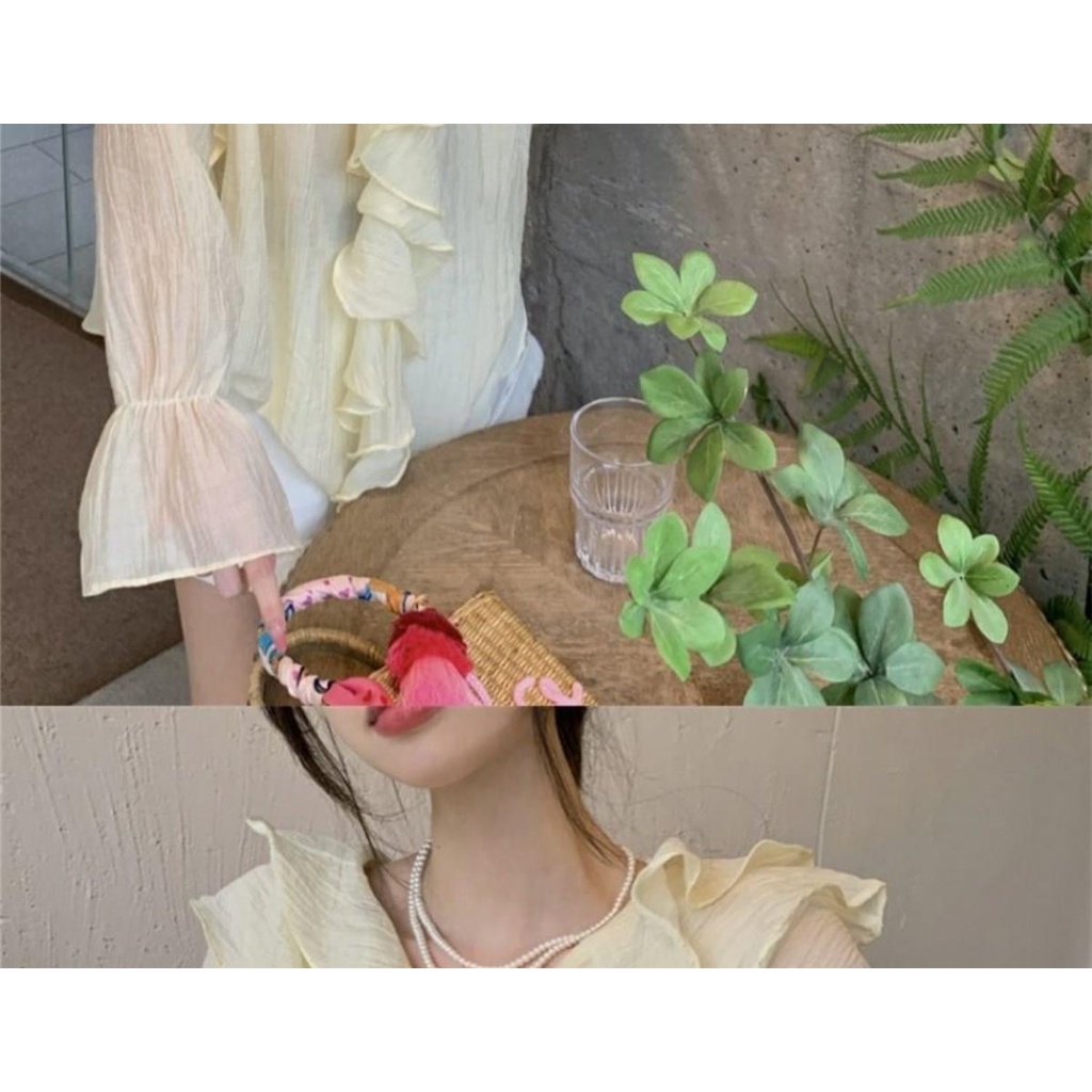 Áo Sơ Mi Chiffon Tay Dài Cổ Chữ v Phối Bèo Màu Tím Thời Trang Mùa Hè Cho Nữ L4EN