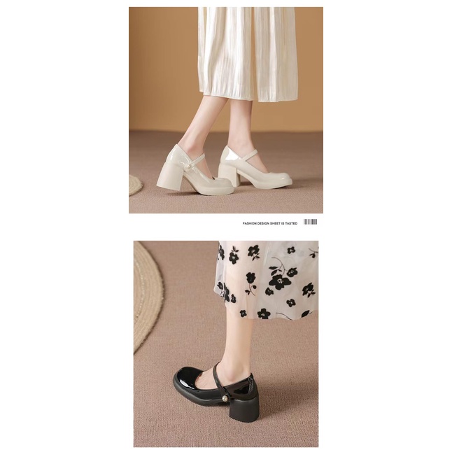 Giày Mary Jane Gót Cao Dày Mũi Tròn Đính Ngọc Trai Phong Cách Thời Trang Mới 2023