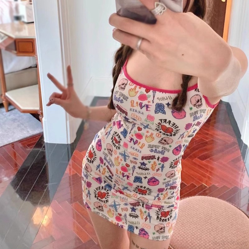 Đầm In Họa Tiết Graffiti Ngọt Ngào Thời Trang Mùa Hè Phong Cách Hàn Quốc Cho Nữ