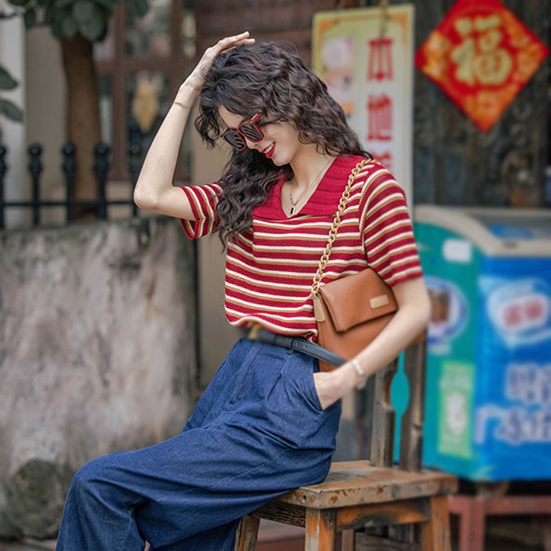 Áo Thun Dệt Kim Cổ Bẻ Họa Tiết Kẻ Sọc Thời Trang Mùa Hè Cho Nữ