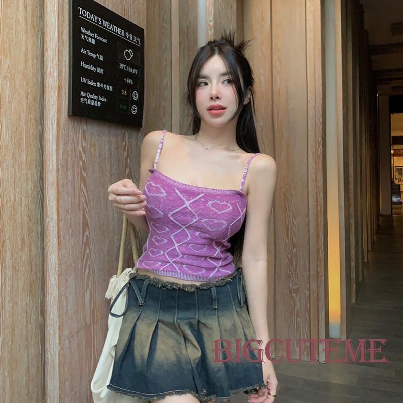 Áo Hai Dây Dệt Kim Ôm Dáng In Họa Tiết Trái Tim Thời Trang Mùa Hè Cho Nữ